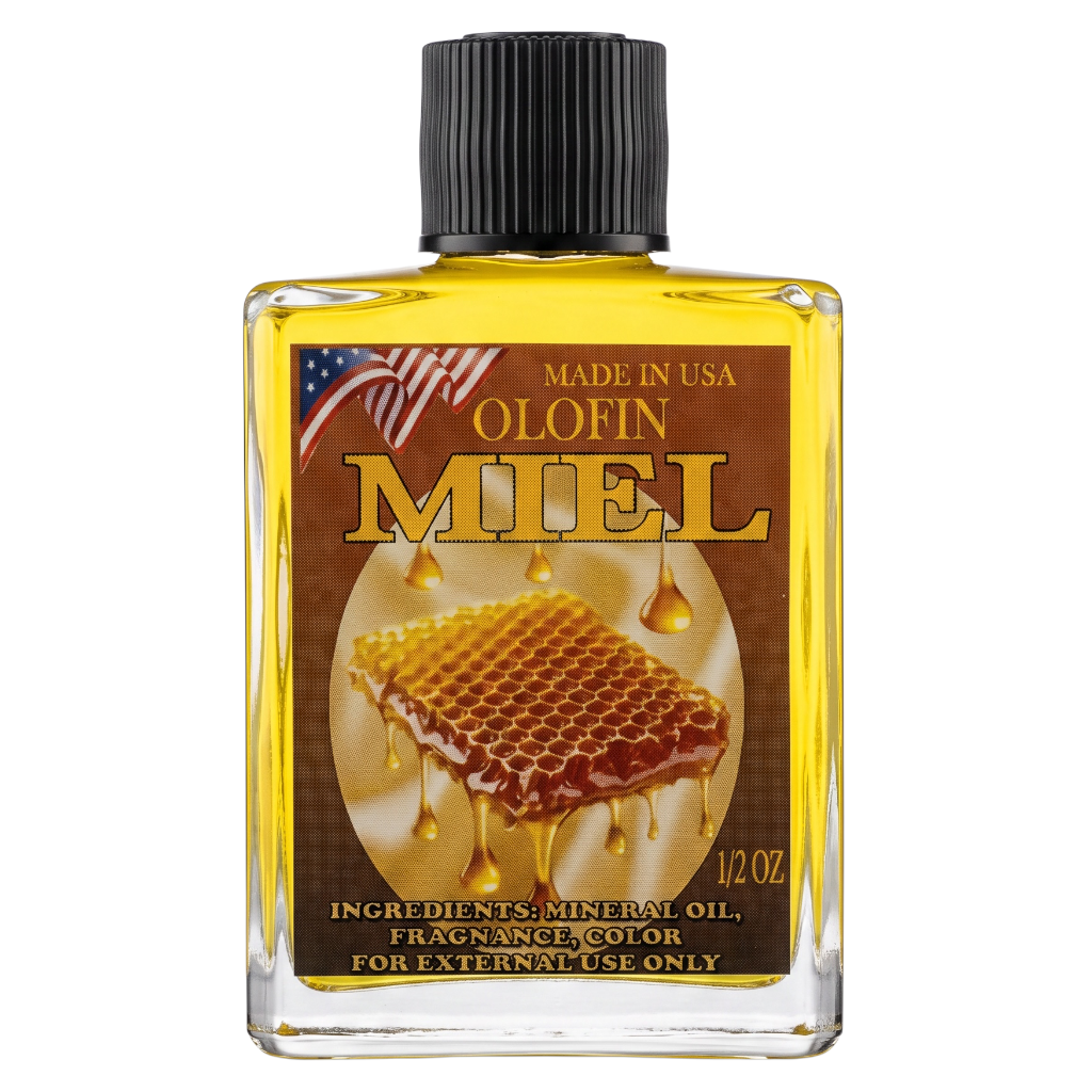 A 1/2 oz bottle of Olofin Miel mineral oil fragrance, featuring a clear glass container filled with golden yellow oil, a black ribbed cap, and a brown label depicting honeycomb dripping with golden honey.