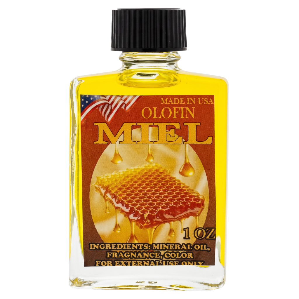 A 1 oz clear glass bottle of Olofin Miel fragrance oil with a black ribbed cap, filled with golden yellow liquid. The front label features a brown and gold design with an illustration of honeycomb dripping with honey, alongside an American flag graphic.
