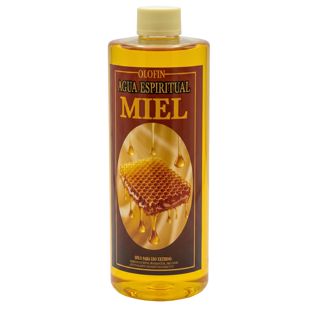 A bottle of Olofin Agua Espiritual Miel (spiritual water with honey) featuring a golden-yellow liquid inside a clear plastic bottle with a beige cap and a brown label depicting honeycomb.