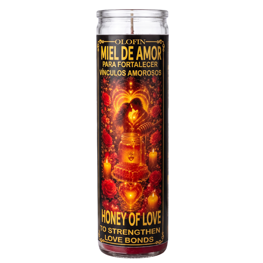 A tall glass jar candle with a black label featuring a romantic illustration of a couple and hearts, labeled 'Olofin Miel de Amor' and 'Honey of Love' in Spanish and English.