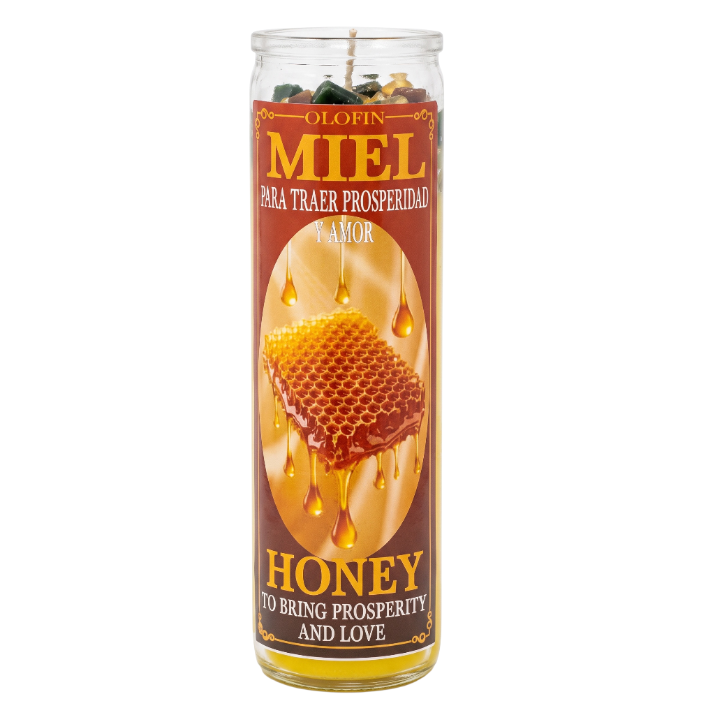 A tall glass jar candle with a clear lid, featuring a brown and gold label that reads 'Olofin Miel para traer prosperidad y amor' and 'Honey to bring prosperity and love,' with an illustration of dripping honeycomb on a white background.