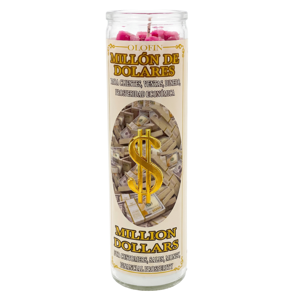 A tall glass jar candle with a cream-colored label featuring the Spanish text 'OLIO DE MILLON DE DOLARES' and 'MILLION DOLLARS', with a gold dollar sign over a pile of cash. The top of the candle shows pink wax at the wick.