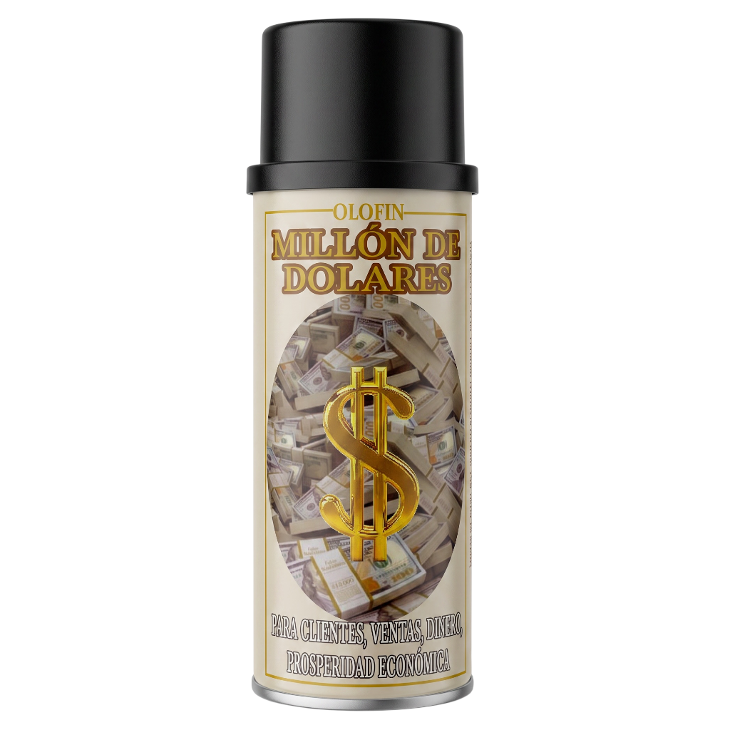 A can of Olofin Million de Dolares fake money spray on a plain white background. The can has a black cap and a beige label featuring a golden dollar sign over a pile of cash.