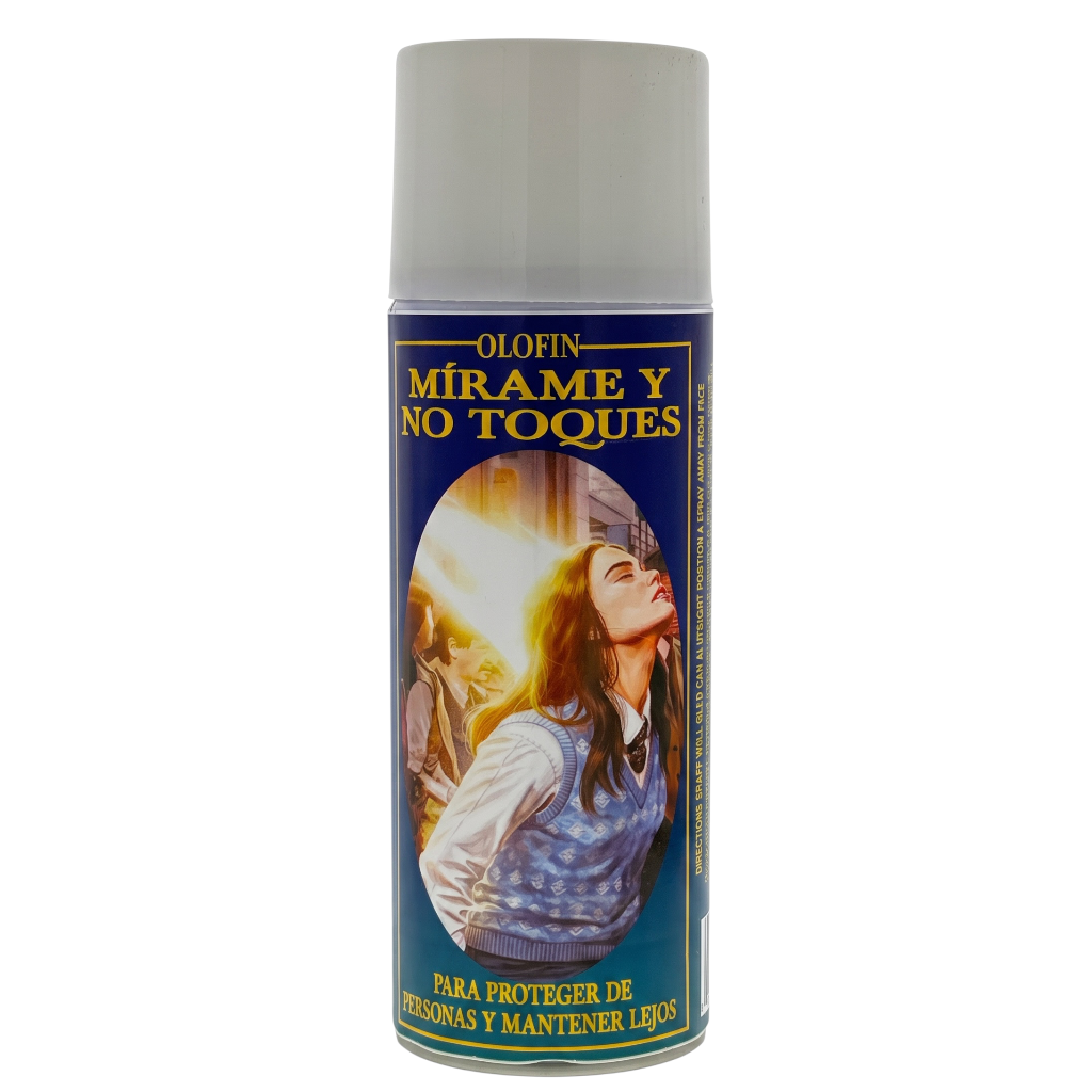 A can of Olofin Mirame y No Toques personal care spray with a white cap and a blue label featuring a woman and yellow text.