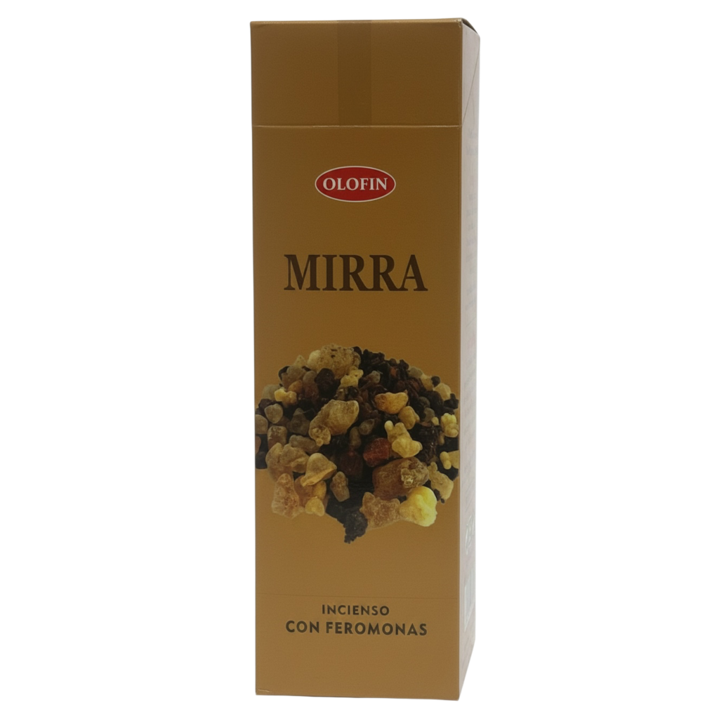 A tall rectangular Olofin Mirra incense box with a metallic gold finish, featuring a photo of dried herbs and the text 'MIRRA' and 'INCIENSO CON FEROMONAS' on a plain white background.