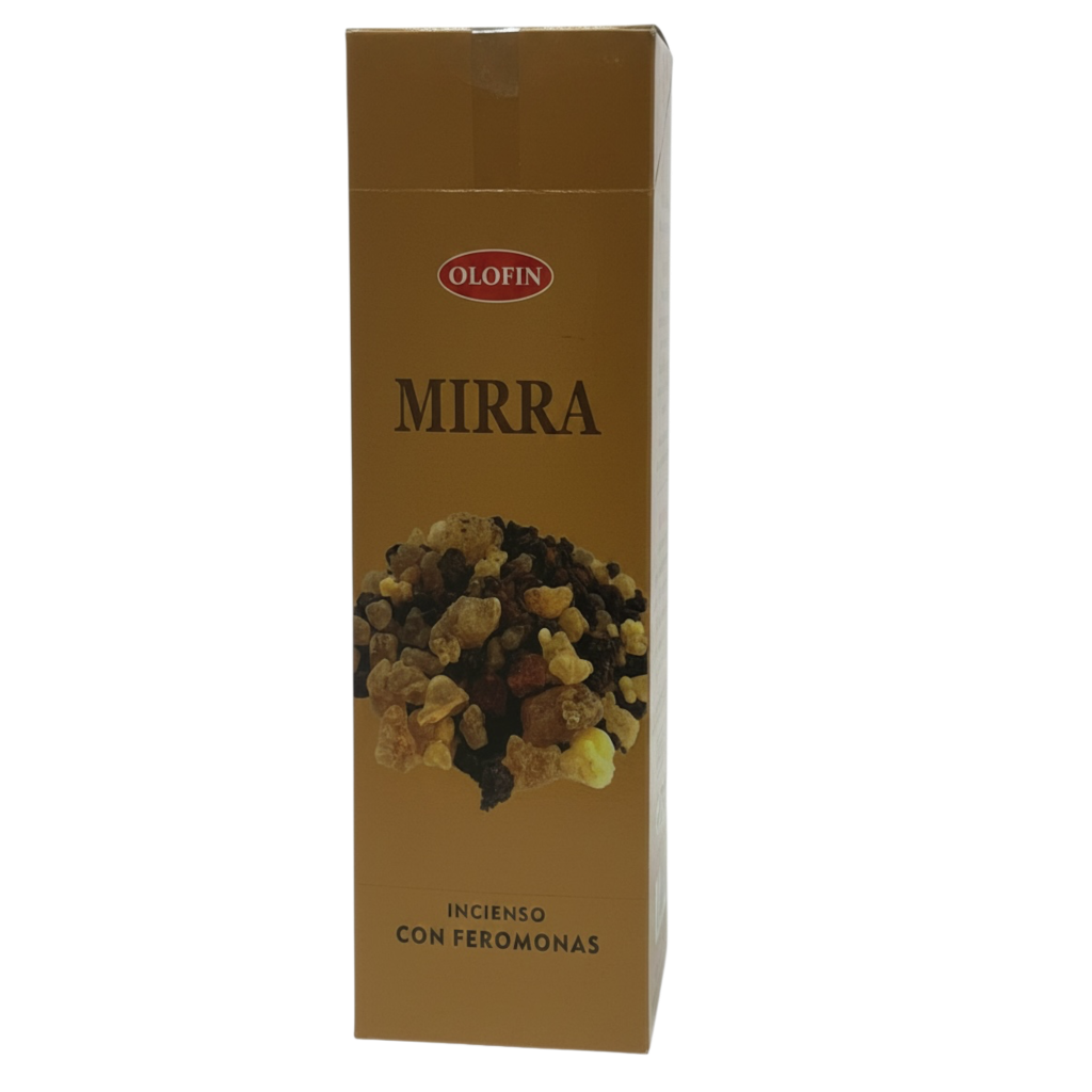 A tall rectangular brown box of Olofin Mirra incienso con feromonas, featuring a photo of dried incense pieces on the front, set against a plain white background.