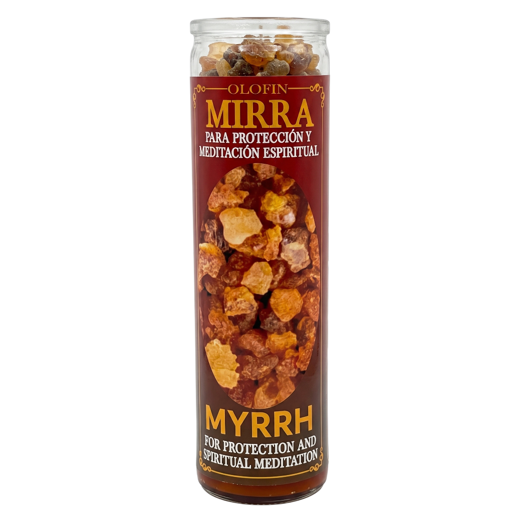 A tall glass jar of Olofin Mirra myrrh resin, featuring a dark red label with gold and white text, set against a plain white background.