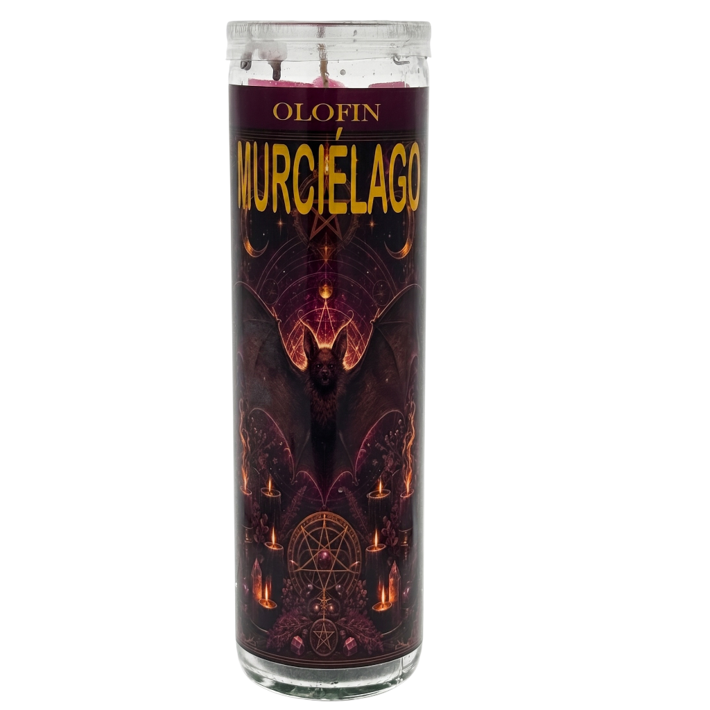 A tall glass prayer candle with a dark purple and black label featuring the brand name 'OLOFIN' and the product name 'MURCIÉLAGO' in gold lettering, with an occult-style illustration of a horned figure and candles.