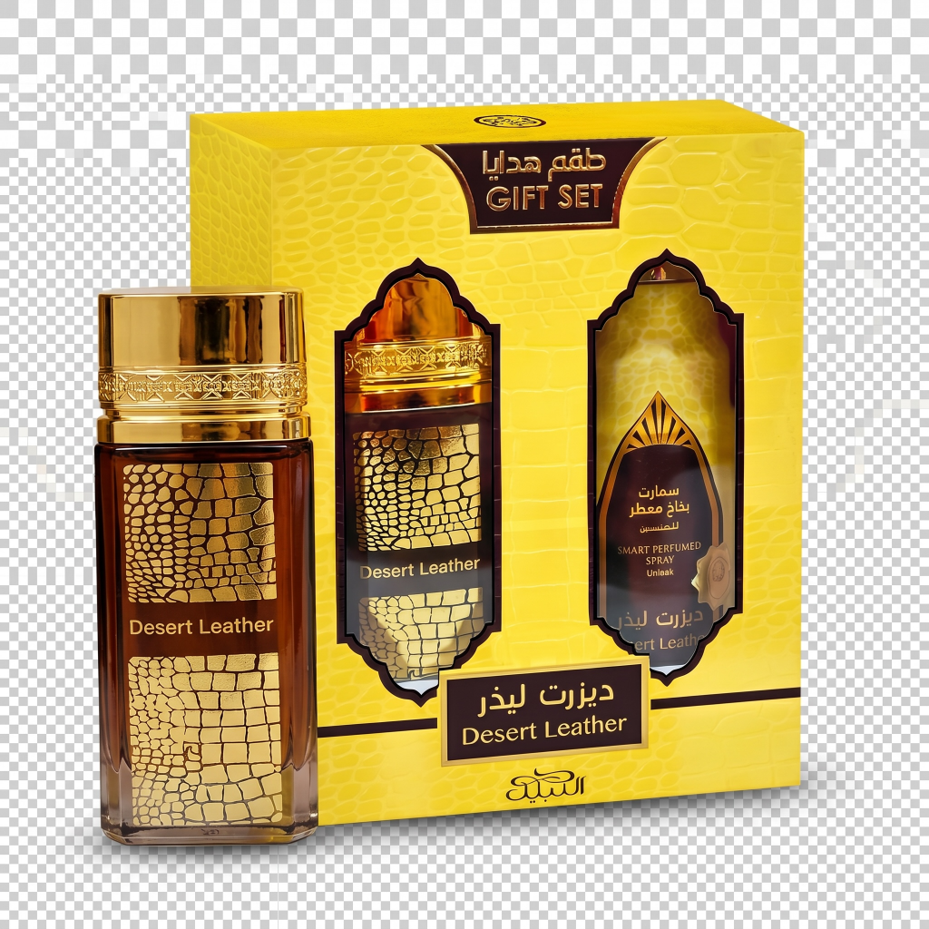 Desert Leather perfume set with packaging on a transparent background