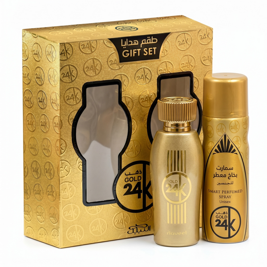 Gold 24K perfume set with packaging on a white background