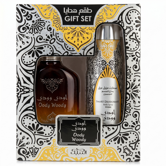 Gift set with bottles labeled 'Oody Woody' in a decorative box with black and yellow patterns.