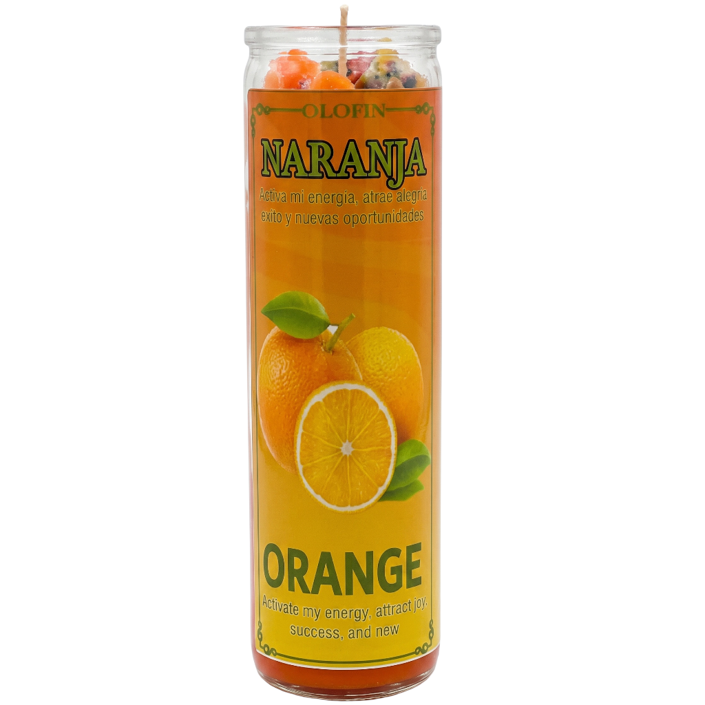 A tall glass jar candle labeled 'Olofin Naranja Orange' with orange fruit illustrations on the front, shown against a plain white background.