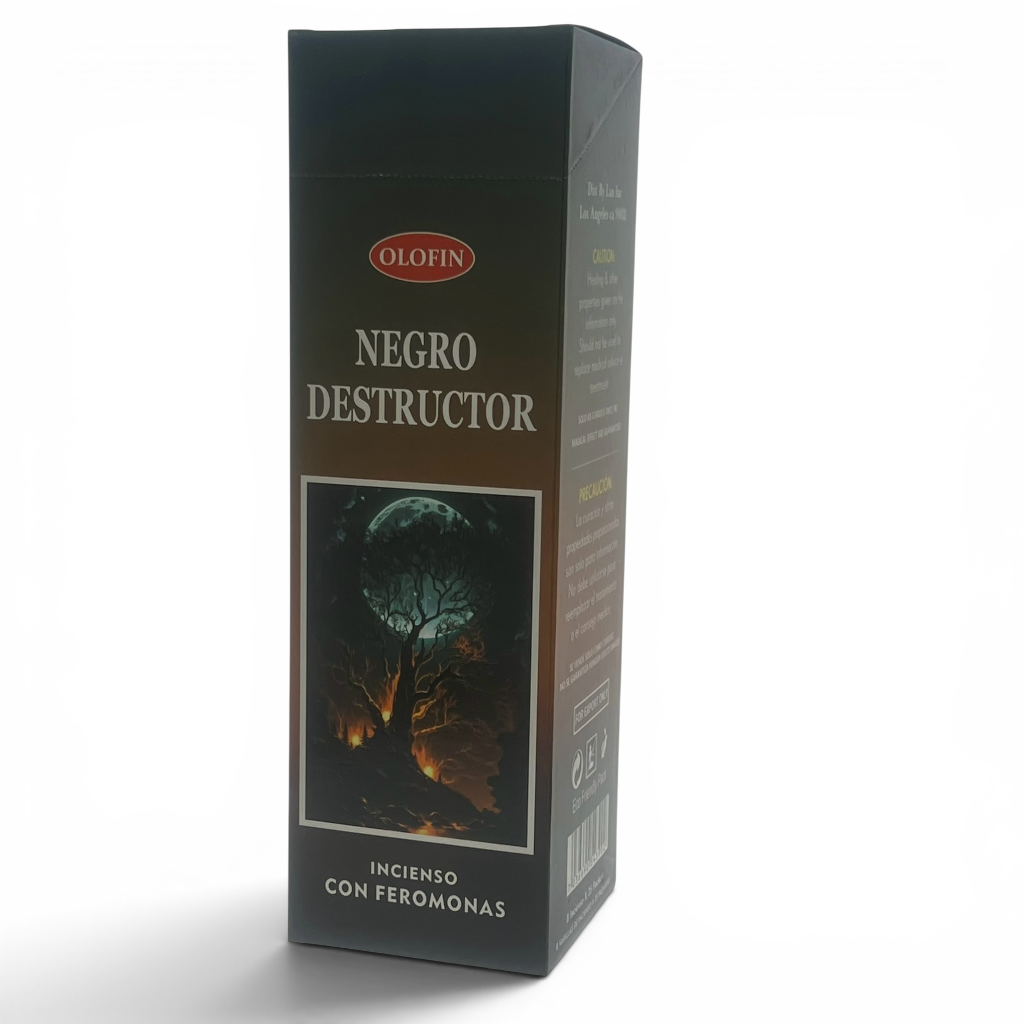 A tall black rectangular box of Olofin Negro Destructor incense with a graphic of a dark forest tree under a full moon, shown on a white background.