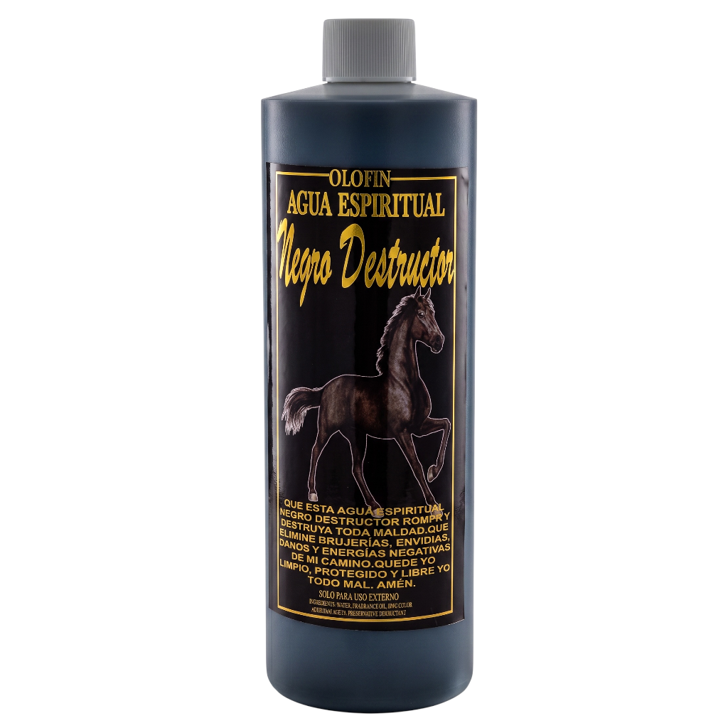 A dark blue bottle of Olofin Agua Espiritual Negro Destructor spiritual water, featuring a black label with gold lettering and a black horse illustration, on a white background.