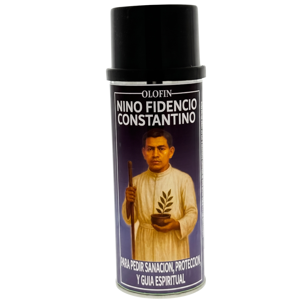 A silver spray can with a black cap labeled 'OLOFIN NINO FIDENCIO CONSTANTINO' featuring an illustration of a man in a white robe holding a staff and a plant, on a white background.