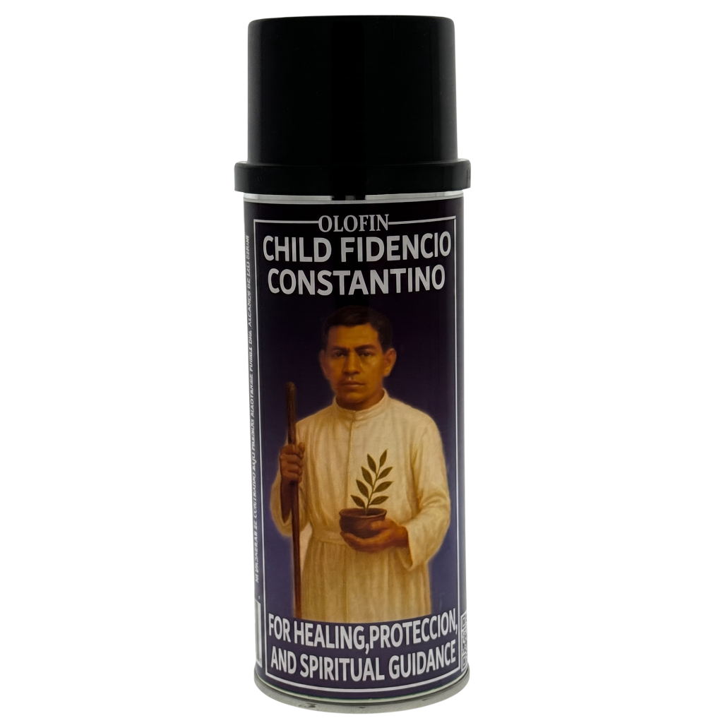 A black spray can of Olofin Child Fidencio Constantino spiritual guidance spray, featuring a label with a portrait of a robed figure holding a plant and staff against a dark background.