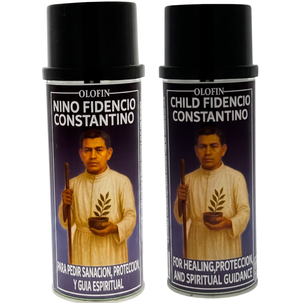 Two identical Olofin Nino Fidencio Constantino spray cans shown side by side on a plain white background. The cans have black caps and silver metal bases, with labels featuring a portrait of a man in a white robe holding a staff and a plant, set against a dark purple background.