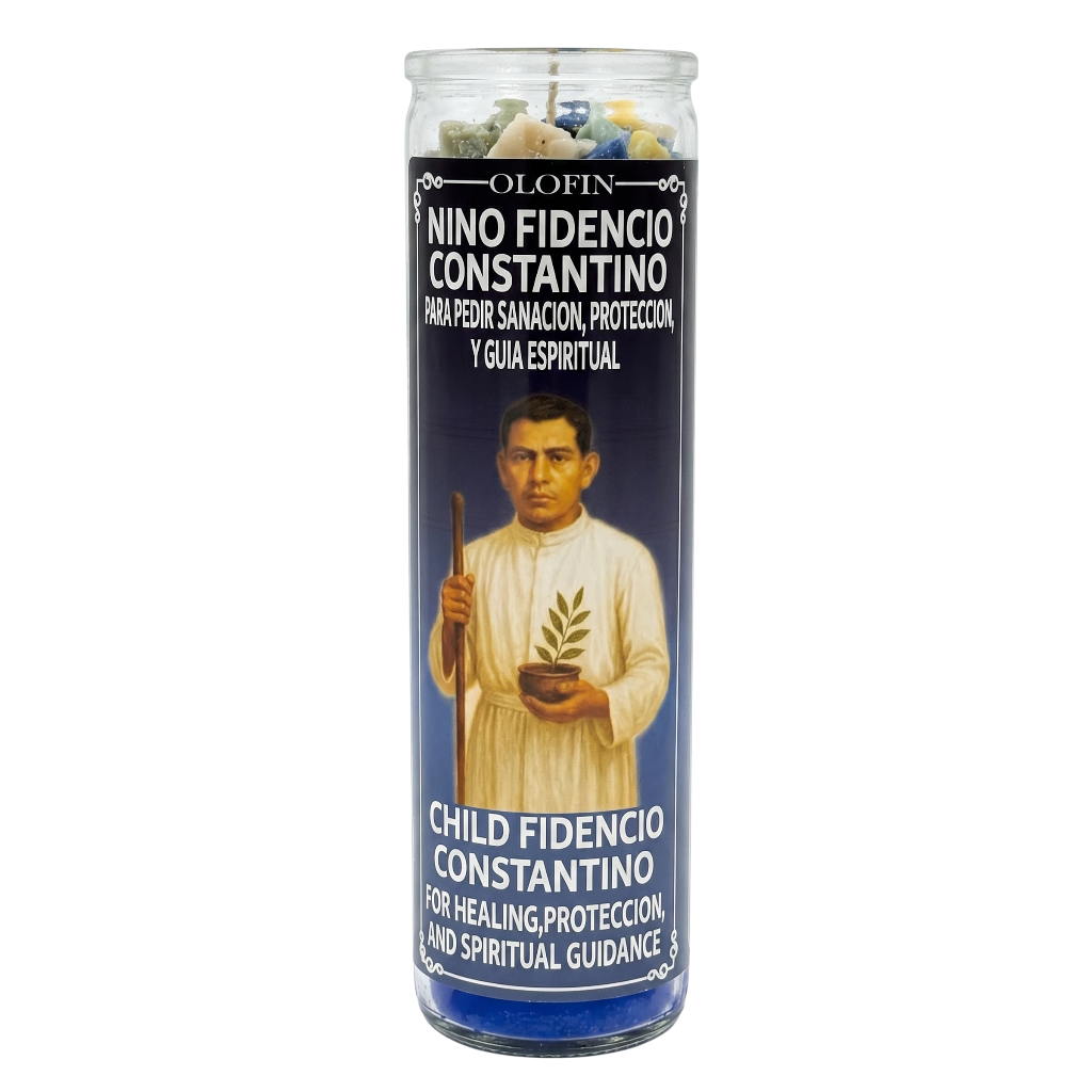 A tall glass devotional candle labeled 'Olofin Nino Fidencio Constantino' with a printed image of a robed figure holding a staff and leaf, on a white background.