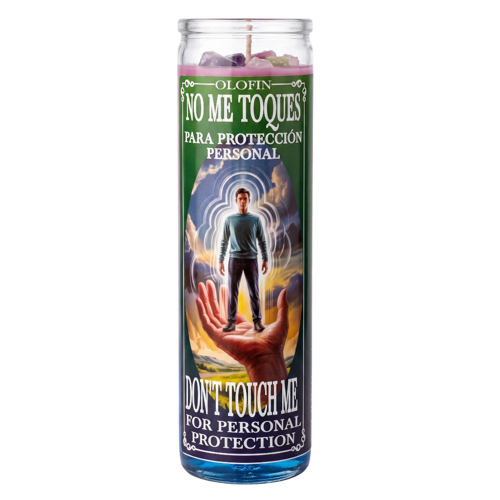 A tall glass jar candle labeled 'Olofin No Me Toques Para Protección Personal / Don't Touch Me For Personal Protection' with a colorful illustrated label showing a figure standing on a hand and purple crystals visible at the top.