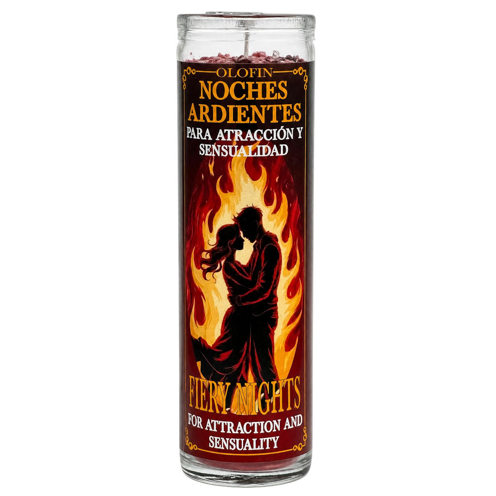 A tall glass jar candle with a Spanish label reading 'Olafin Noches Ardientes' and 'Fiery Nights for Attraction and Sensuality,' featuring a red, orange, and black flame-and-silhouette design on a white background.