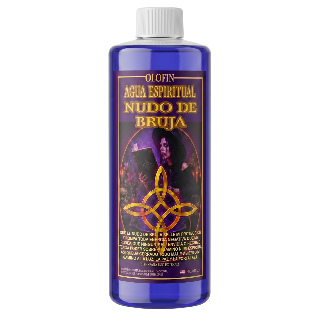 A tall, translucent cobalt blue plastic bottle with a white ribbed cap, featuring a dark purple label with gold text reading 'OLOFIN AGUA ESPIRITUAL NUDO DE BRUJA' and a witch illustration with a pentagram.