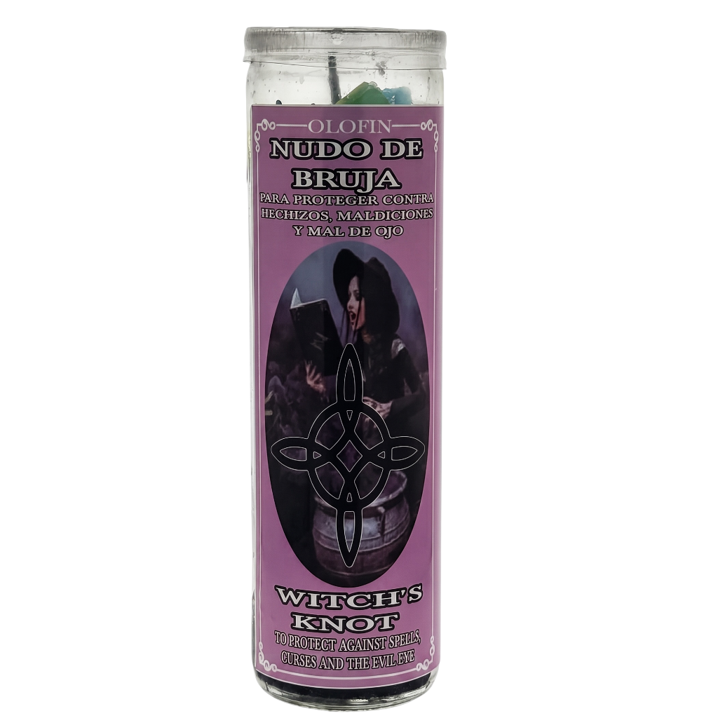 A tall glass jar candle with a purple label reading 'Olofin Nudo de Bruja' and 'Witch's Knot,' featuring a dark illustration of a hooded figure and a knot symbol, on a plain white background.