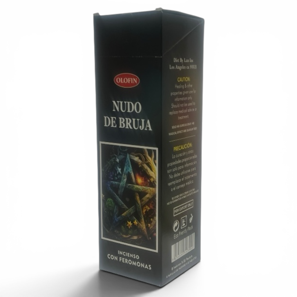 A tall black rectangular box of Olofin Nudo de Bruja incense with personal incense, featuring white text and a dark illustration of a pentagram on the front, set against a plain white background.