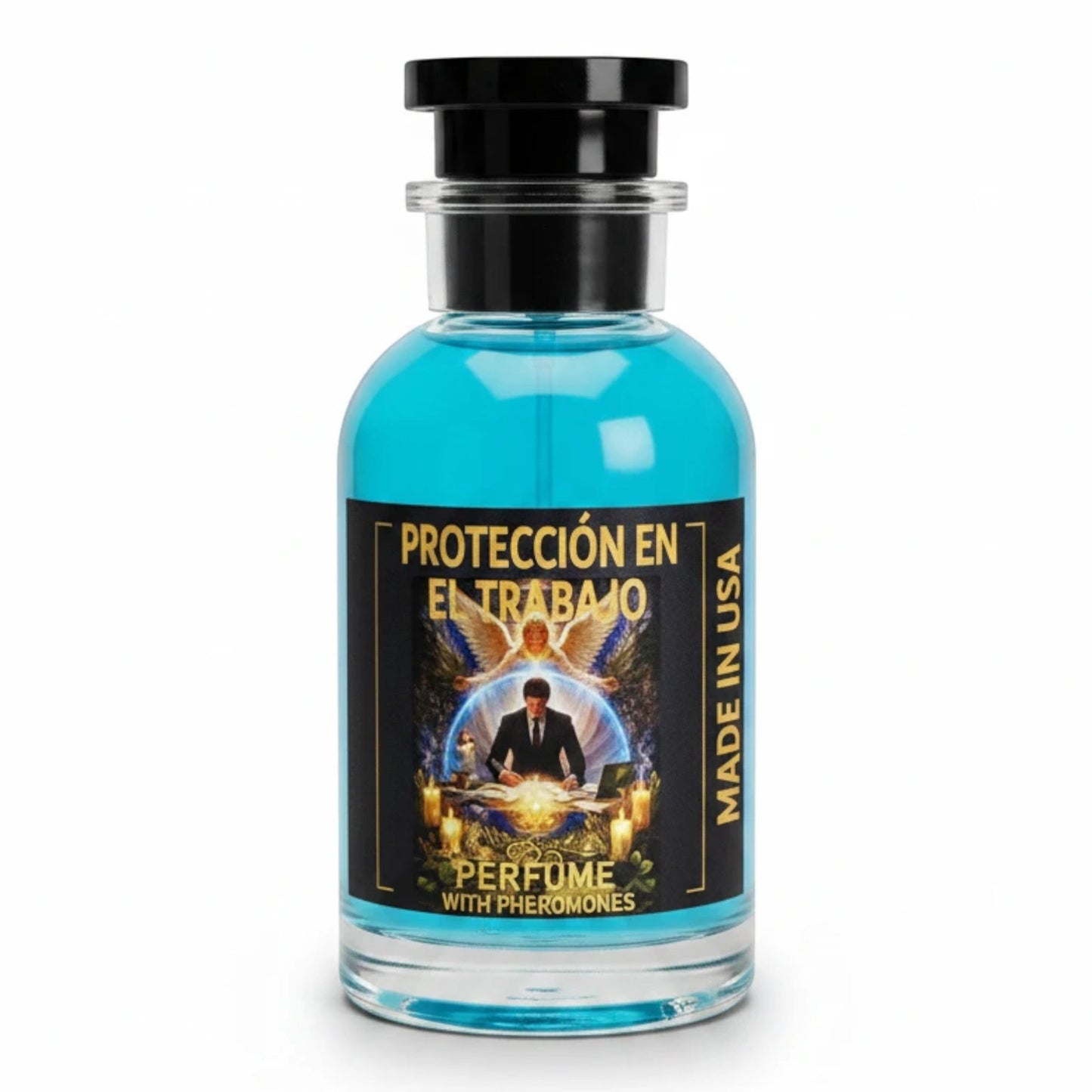 Dubai Perfume LA Proteccion En El Trabajo pheromone perfume in a clear glass bottle with vibrant blue liquid.