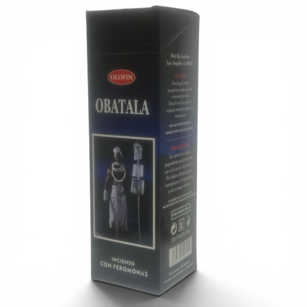 A tall black rectangular product box for Olofin Obatala incense with feromonas, featuring a graphic of an astronaut and text in Spanish, set against a plain white background.