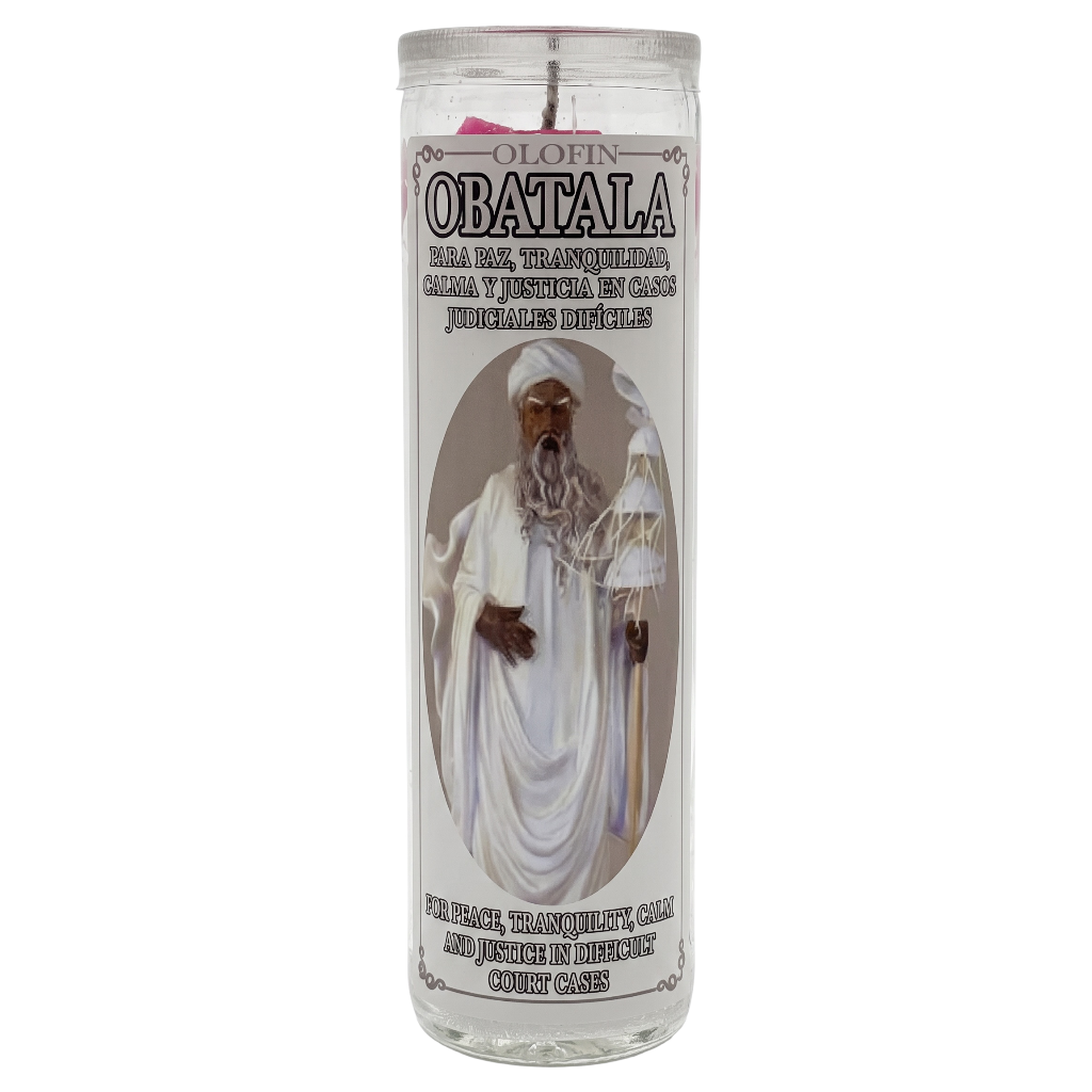 A tall clear glass prayer candle with a white wax fill and a printed label featuring an oval portrait of Obatala, the Yoruba deity, with text identifying it as an Olofin Obatala candle.