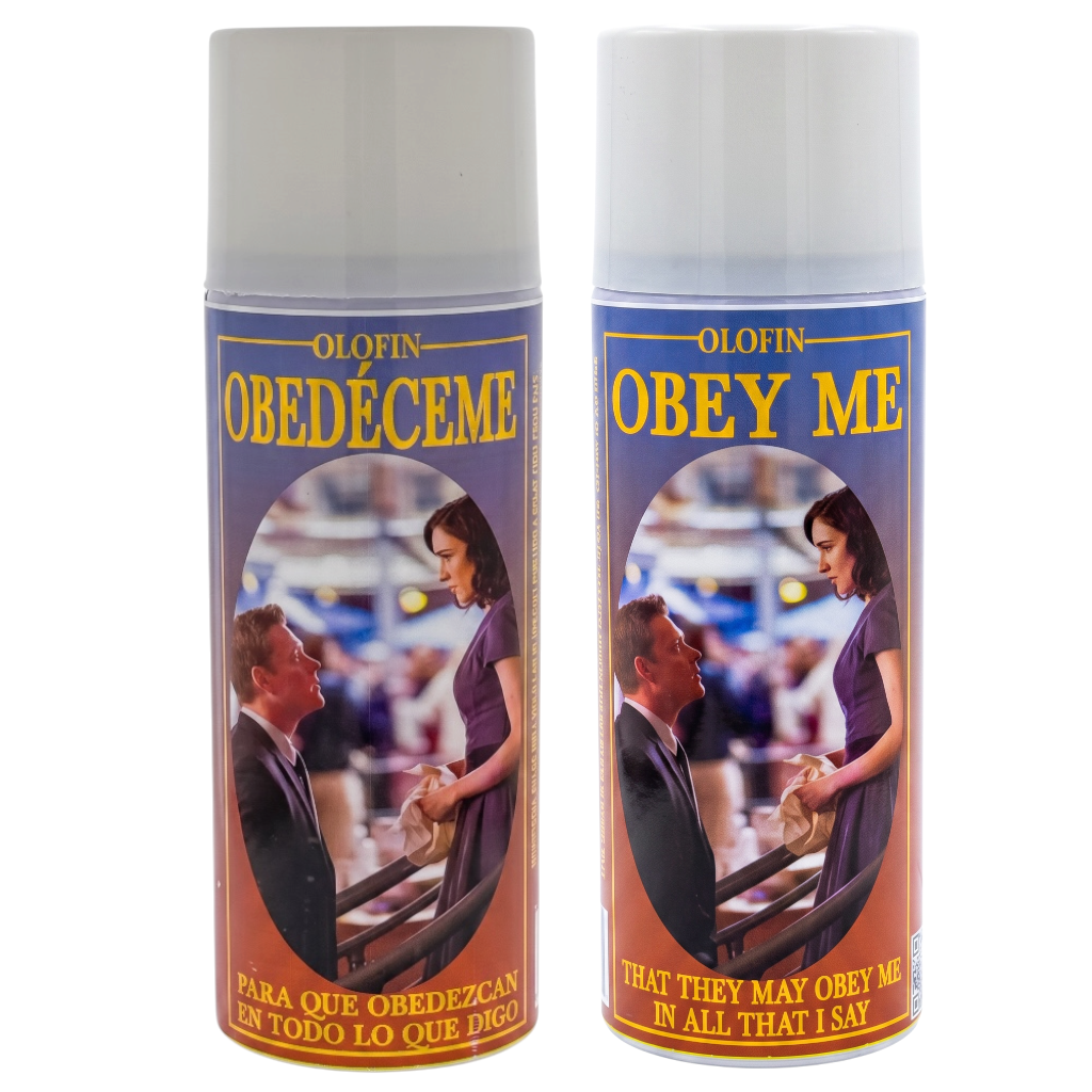 Two Olofin Obedecéme spray air freshener cans side by side on a white background, featuring a purple and orange label with a photo of a man kneeling and a woman in a purple dress.