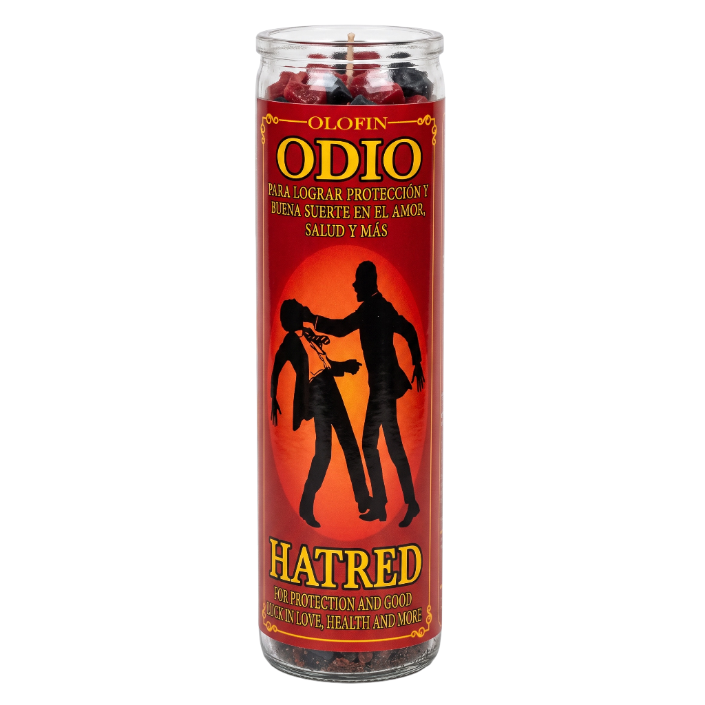 A tall clear glass jar candle labeled 'Olofin Odio Hatred' with a red and orange gradient label and black silhouette figures, shown on a plain white background.