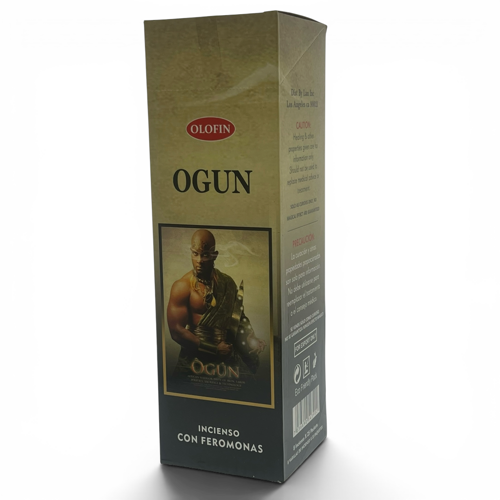A tall rectangular box of Olofin Ogun incense with feromonas, featuring a textured gold and black design with a central image of a deity.