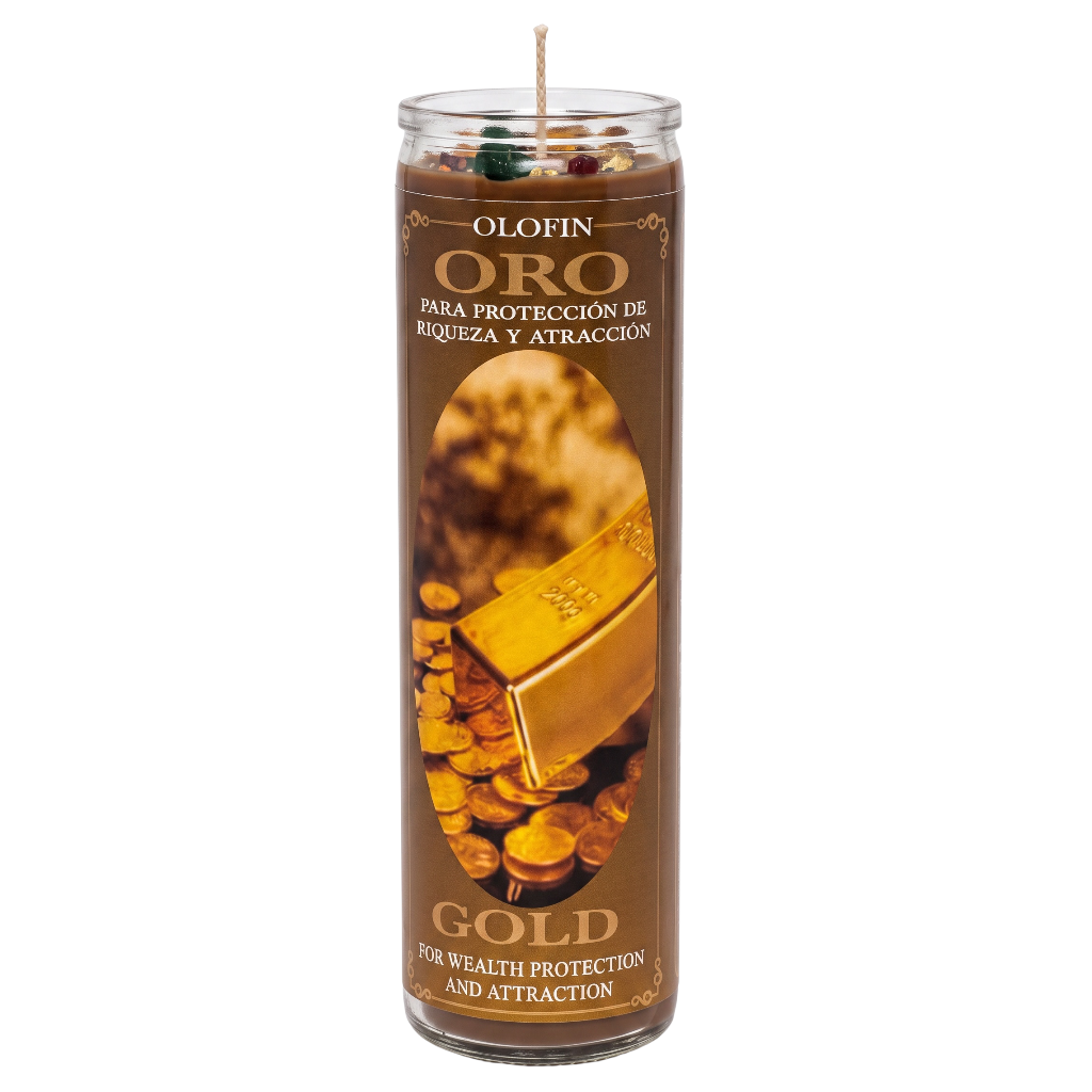 A tall glass jar candle with a brown label featuring gold text and an image of a gold bar and coins. The label reads 'OLOFIN ORO' and 'GOLD'.