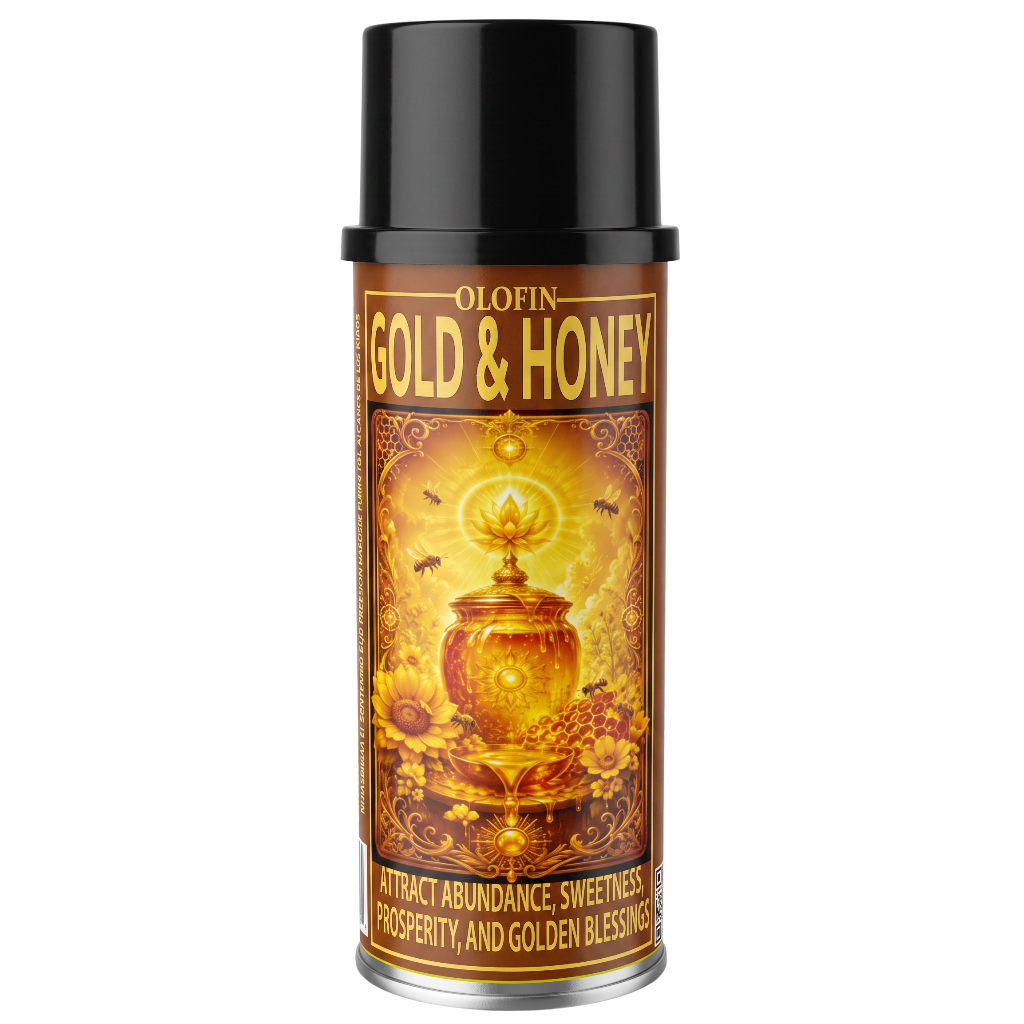 A can of Olofin Gold & Honey spray with a black cap and a detailed golden-brown label featuring a glowing honey pot and bees, set against a plain white background.