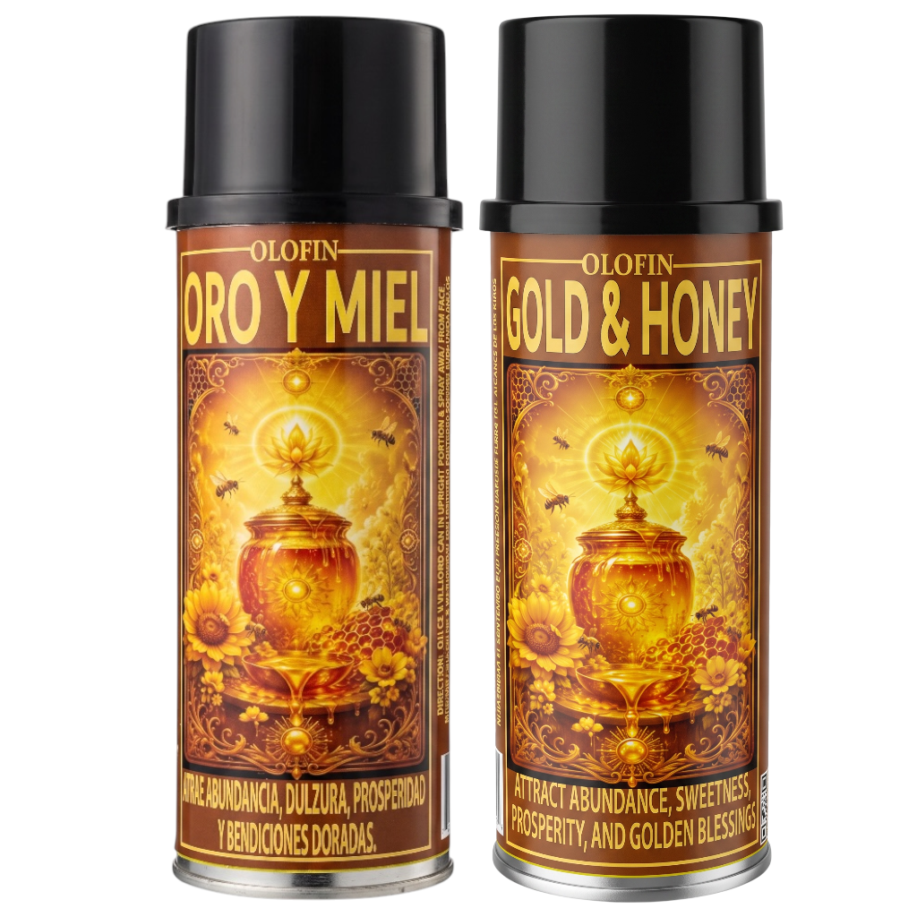 Two Olofin Gold & Honey perfume atomizer spray cans side by side on a plain white background.