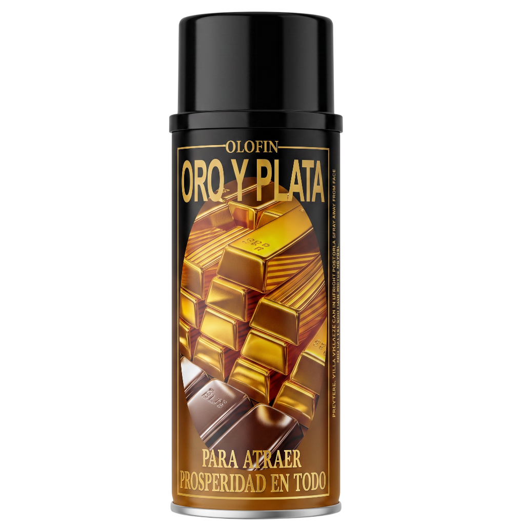 A can of Olofin Orq y Plata hair growth spray, featuring a black cap and a label with gold and brown tones depicting gold bars and chocolate, on a plain white background.