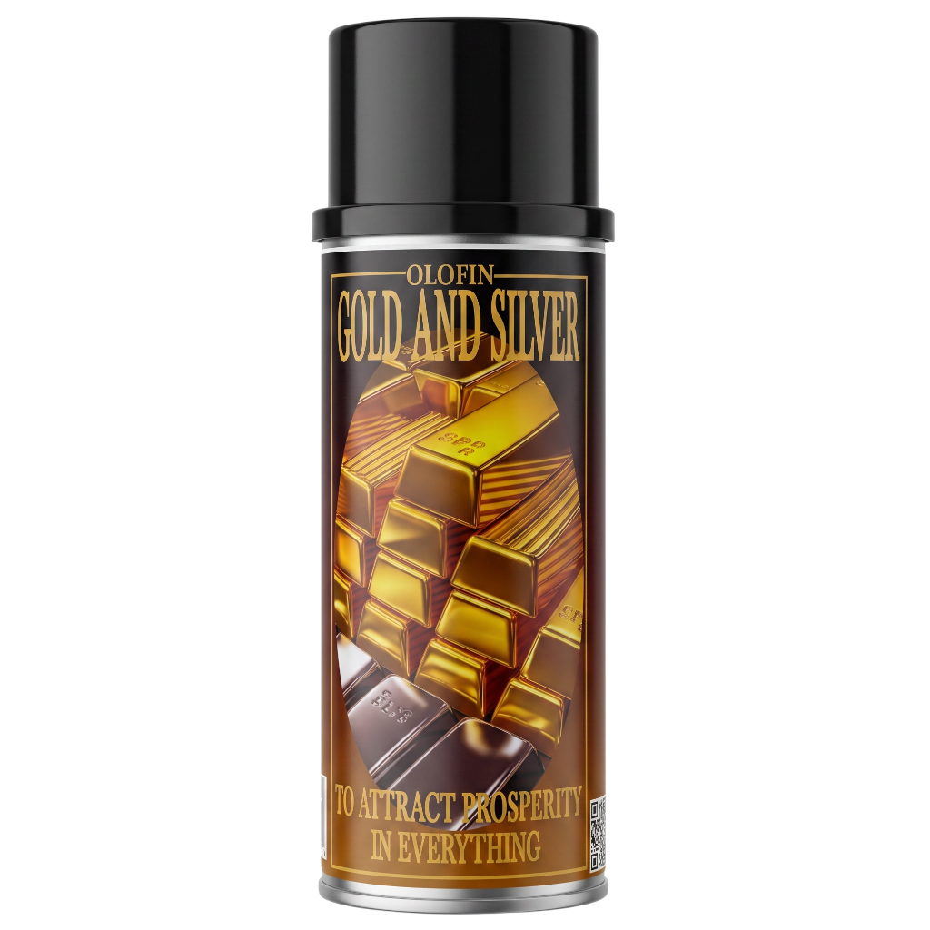 A can of Olofin Gold and Silver spray, featuring a black cap and a label with gold and silver bar graphics on a brown background.