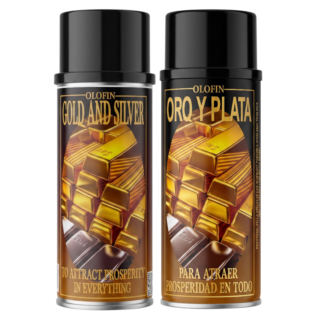 Two Olofin Gold and Silver spray cans side by side on a plain white background, featuring gold and silver bars on the label.