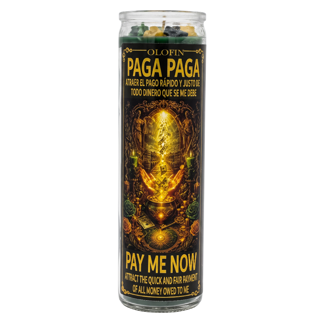 A tall glass jar candle with a black label featuring gold and yellow text and an illustrated golden altar design. The label reads 'OLIN PAGA PAGA' and 'PAY ME NOW.