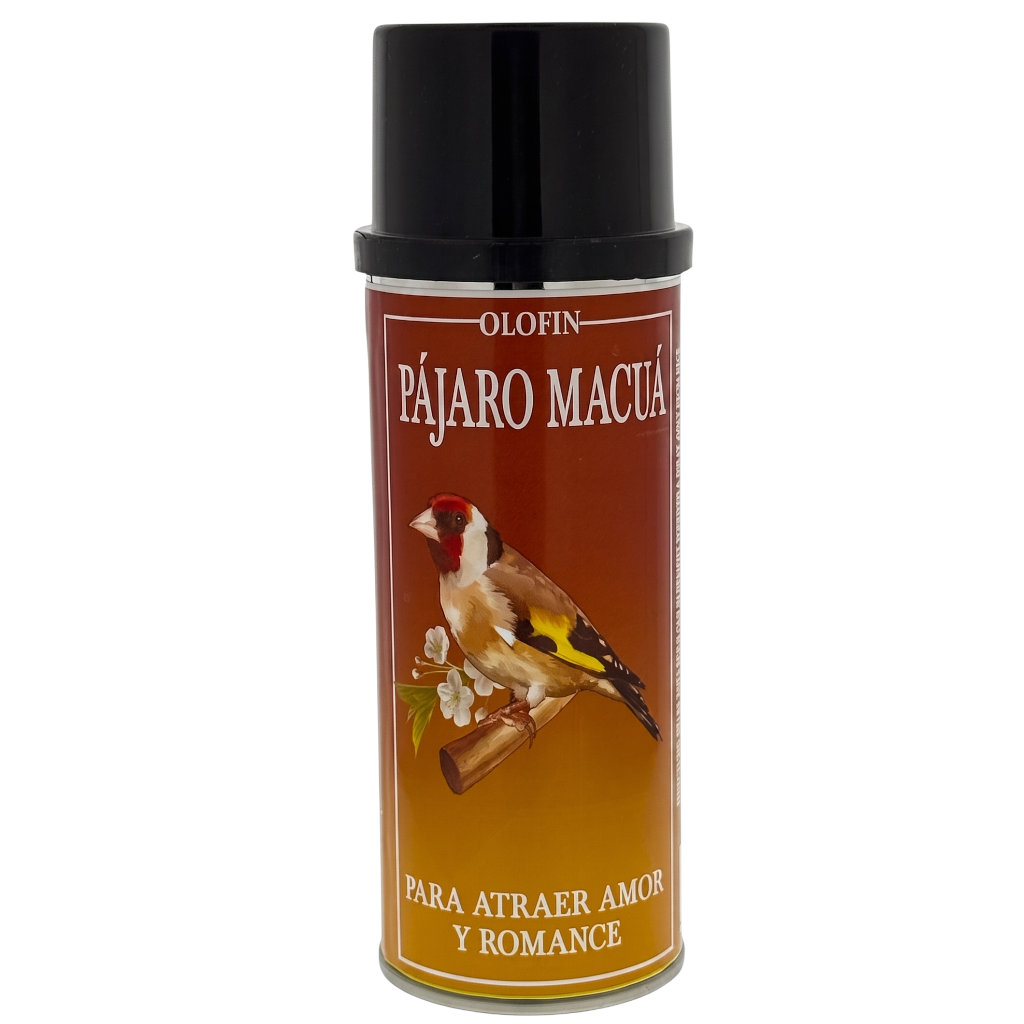 A can of Olofin Pájaro Macua perfume spray, featuring a brown label with a gold gradient bottom, a bird illustration, and a black cap, set against a plain white background.
