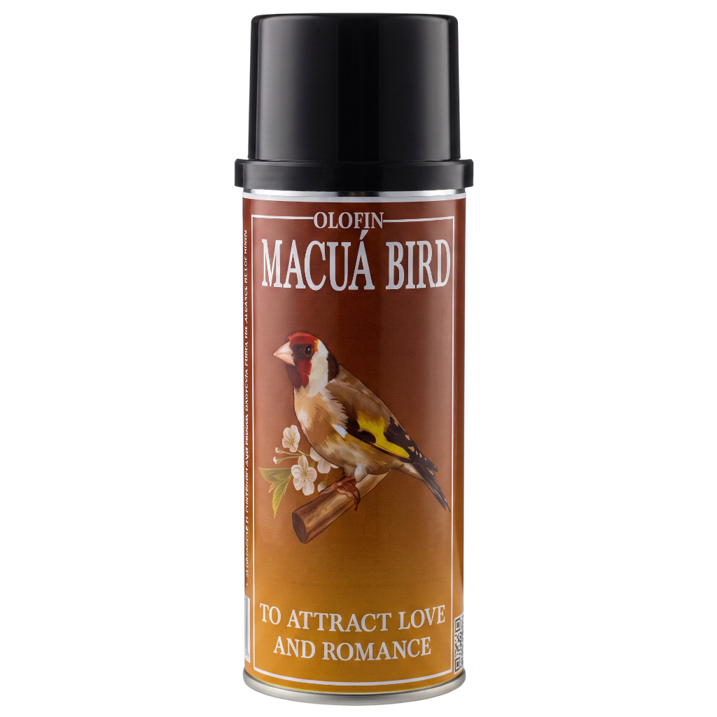 A can of Olofin Macua Bird spray with a black cap and a brown label featuring a goldfinch bird illustration and white text.