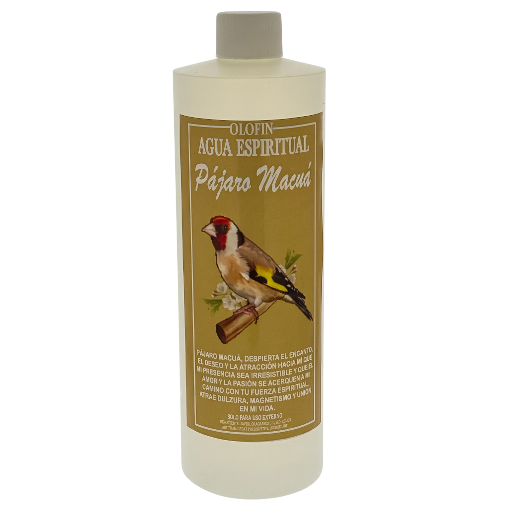 A white plastic bottle of Olofin Agua Espiritual Pájaro Muerto (Dead Bird Spiritual Water) featuring a brown label with a gold bird illustration.