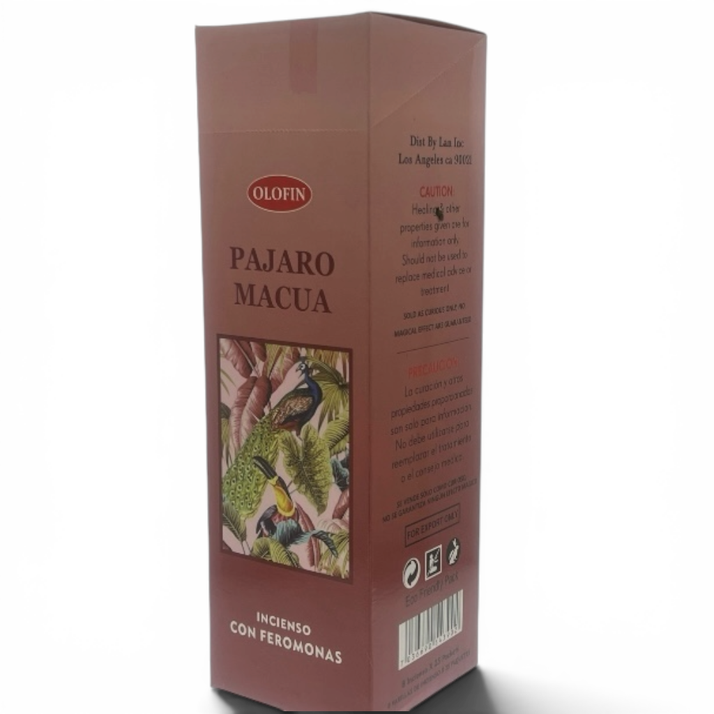 A tall rectangular brown box of Olofin Pajaro Macua incense with peronias, featuring a colorful bird illustration on the front and product details on the side, set against a plain white background.