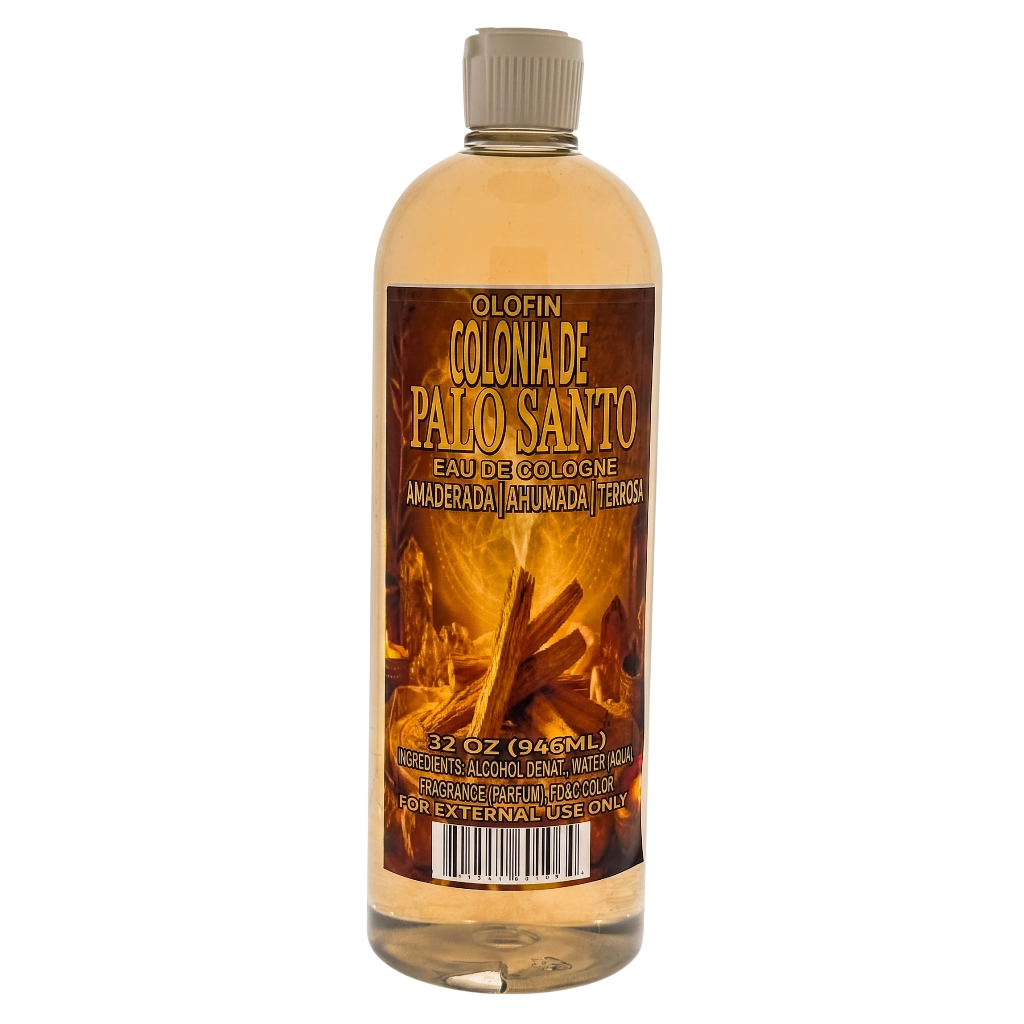 A 32 oz bottle of Olofin Colonia de Palo Santo Eau de Cologne with a brown and gold label depicting a burning palo santo wood pile, on a white background.