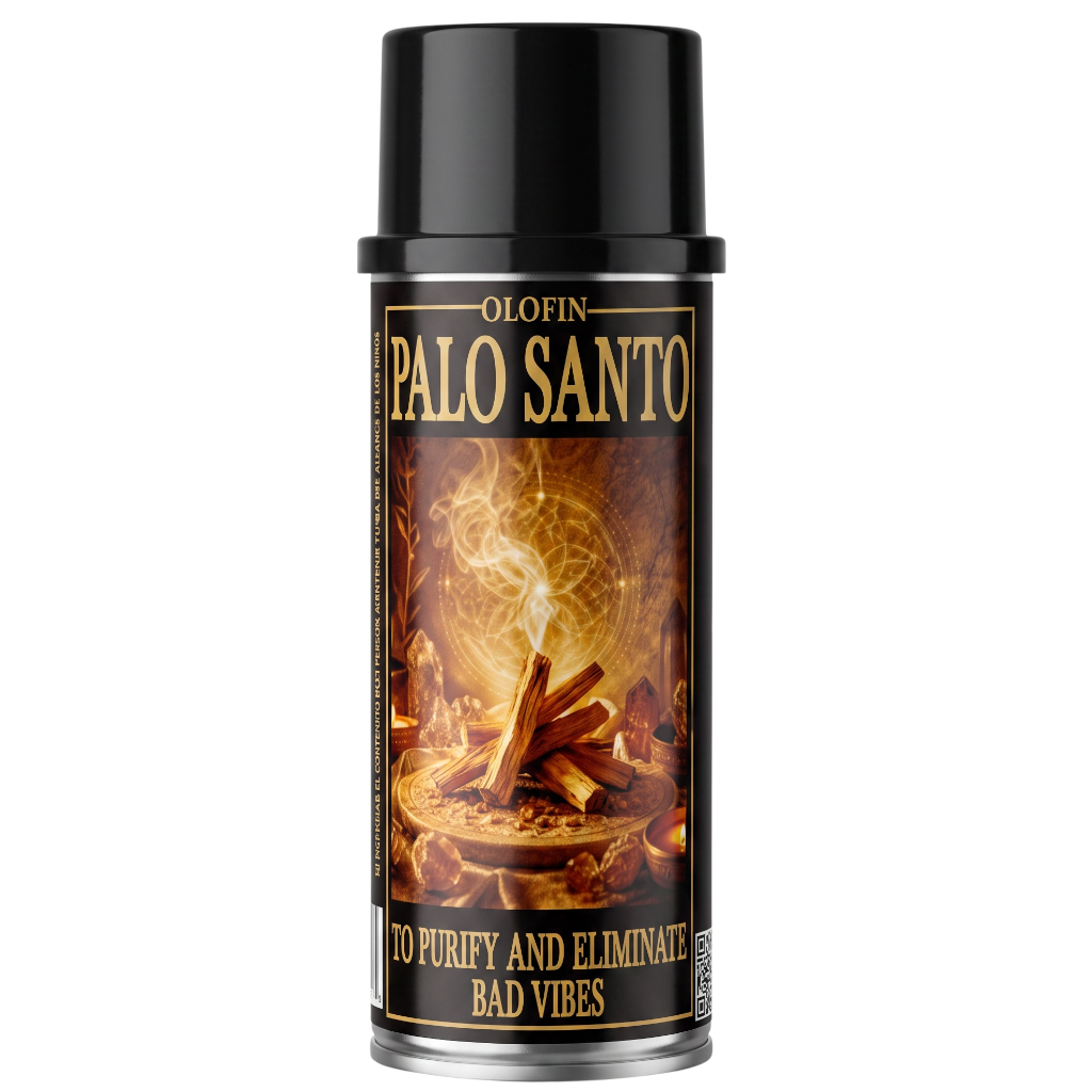 A single aerosol can of Olofin Palo Santo incense spray on a plain white background. The can has a black cap and a black label featuring a warm-toned graphic of burning Palo Santo wood and incense smoke, with gold lettering.