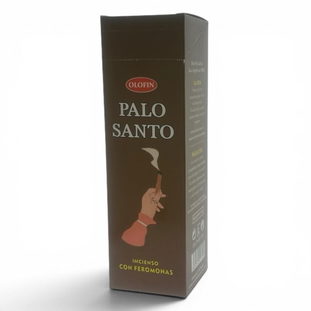 A tall rectangular brown box of Olofin Palo Santo incense with a graphic of a hand holding a burning Palo Santo stick, on a white background.