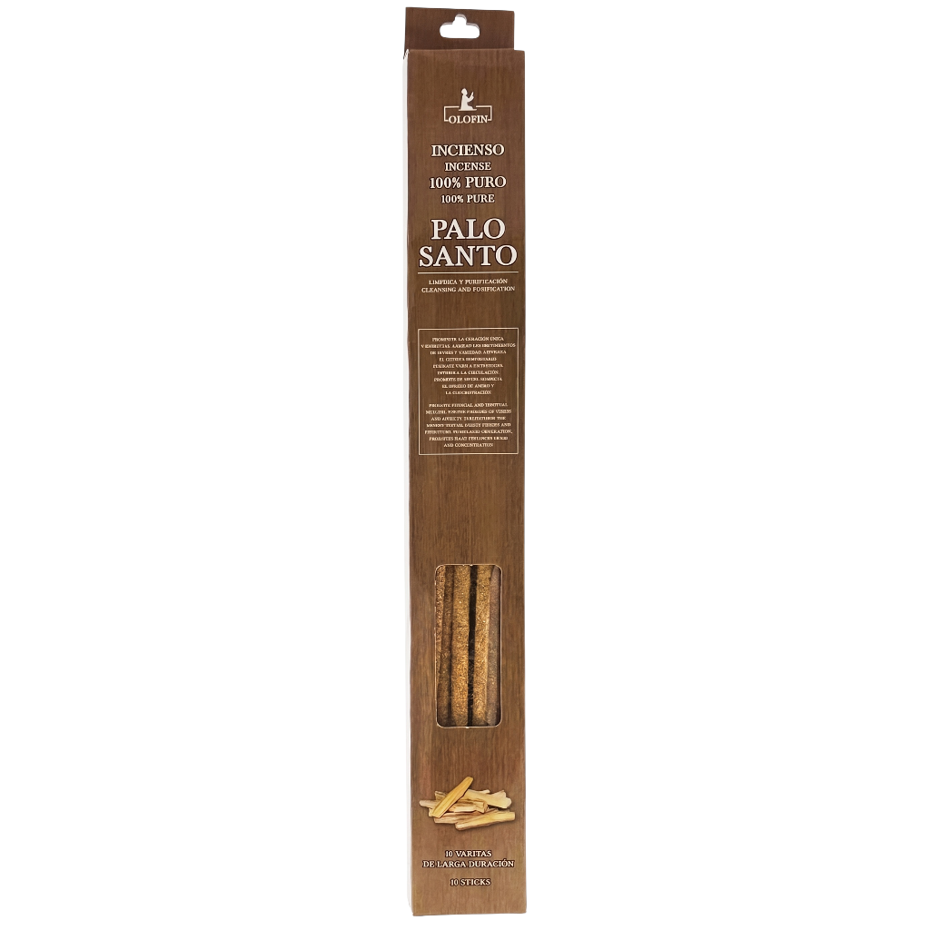 A tall, narrow brown cardboard package of Palo Santo incense sticks, shown upright on a plain white background. The front of the box includes the brand name 'Santo' and product text in Spanish, with a clear window near the bottom revealing the incense sticks inside.