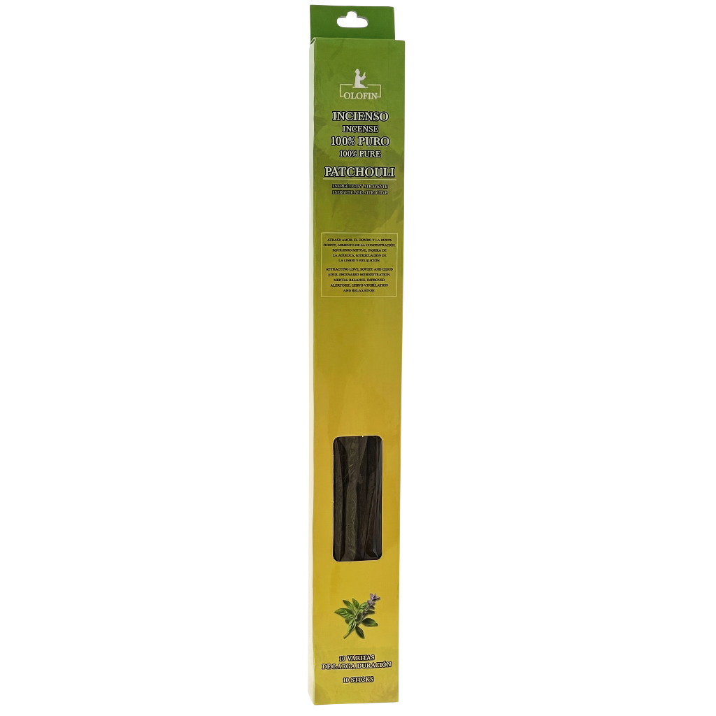 A tall, narrow retail package for a dark brown incense stick set. The packaging is primarily yellow-green with a green header and a clear window showing the incense sticks inside.