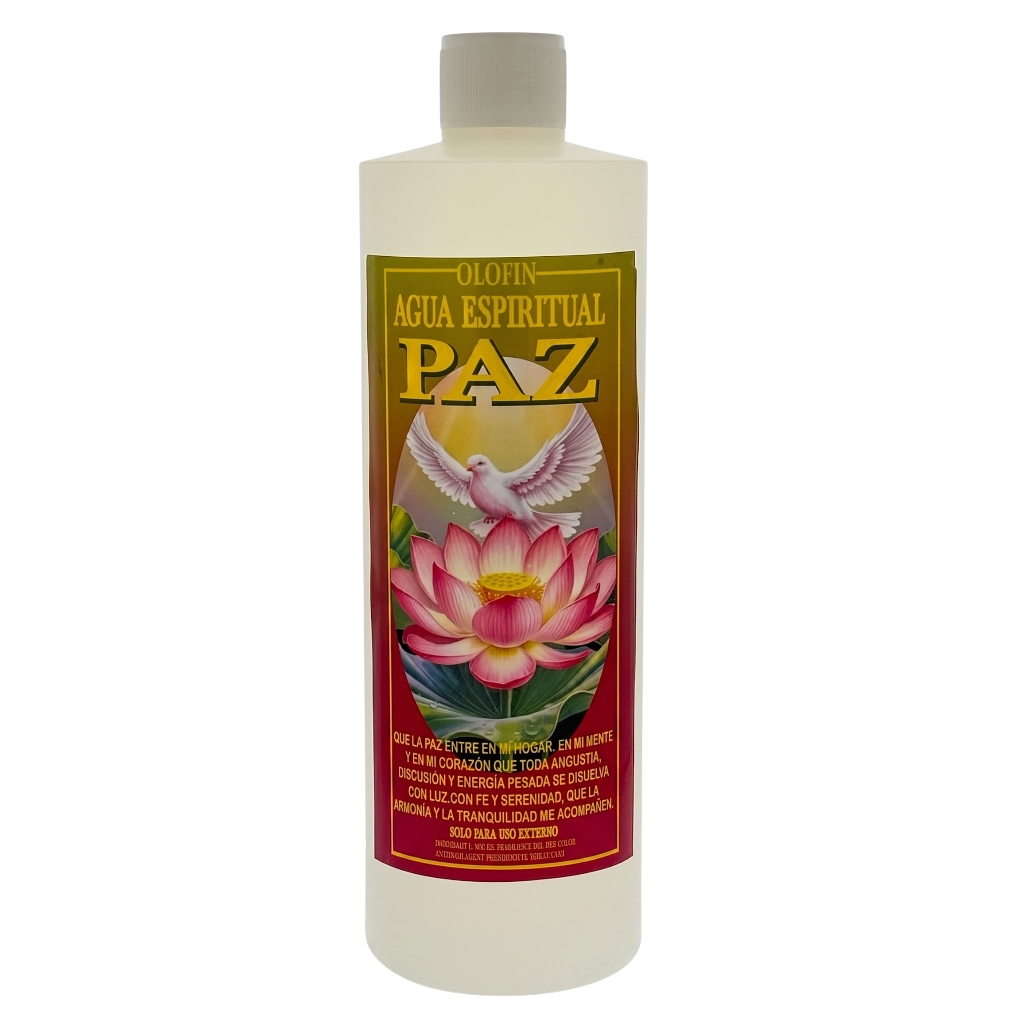 A bottle of Olofin Agua Espiritual Paz spiritual water, featuring a white bottle with a colorful label depicting a pink lotus flower, a white dove, and gold lettering.